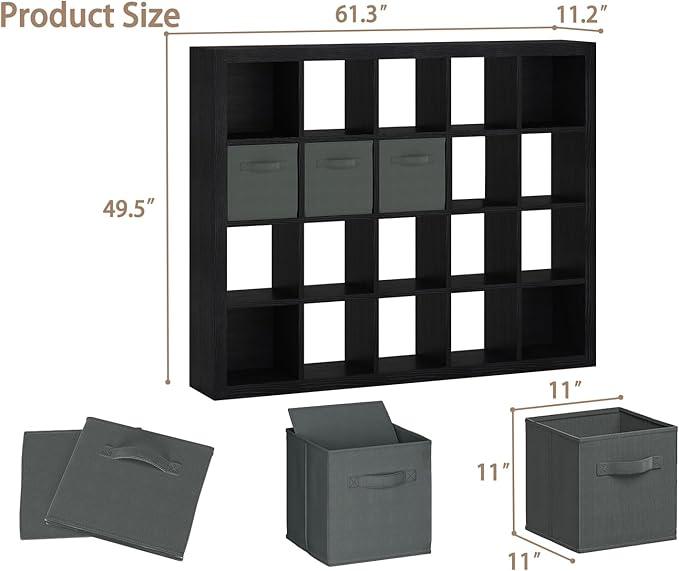 Bookshelf with Storage Bins, 20-Cube Storage Organizer Sturdy Wooden Bookcase Open Book Shelf, Multifunctional Cubicle Rack for Storage & Display, Furniture for Living Room, Office, Black
