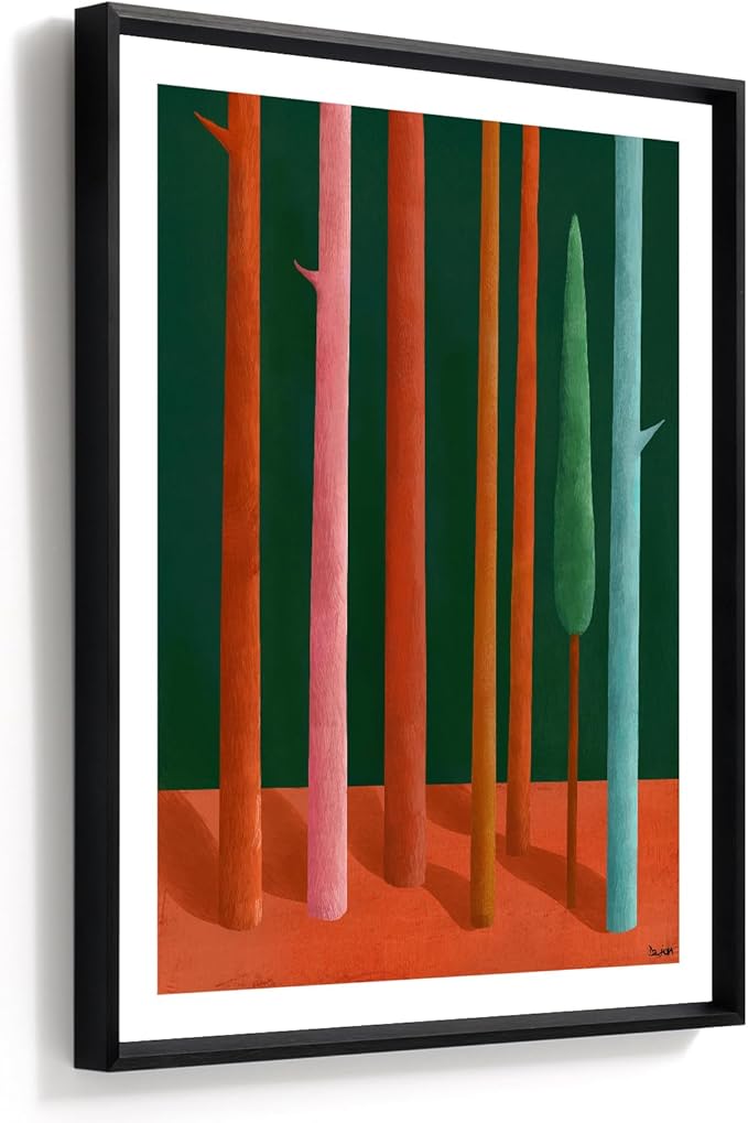 Framed Abstract Forest Wall Art for Living Room, 11x14 Inch Modern Geometric Tree Print, Colorful Minimalist Artwork for Walls with Matte Black Metal Frame and Acrylic Front,Bedroom Office Wall Decor
