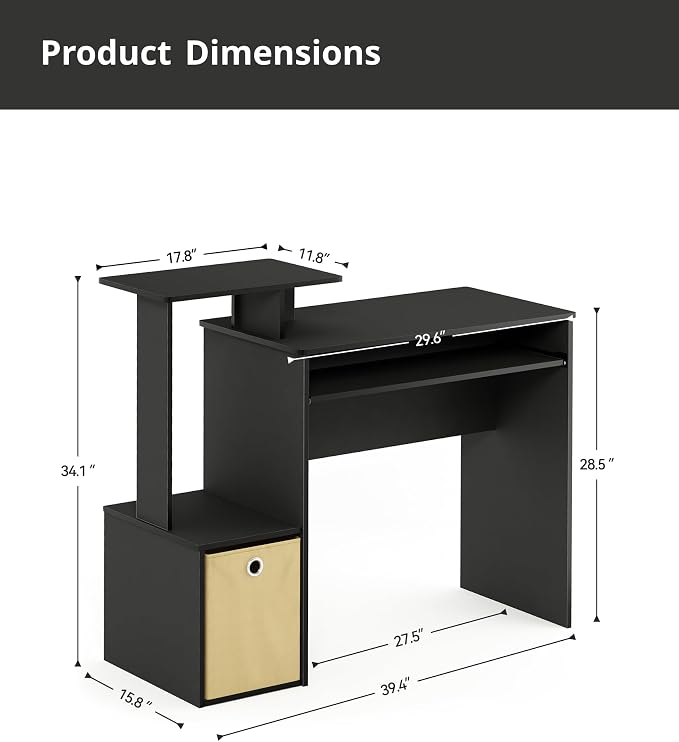 Small Computer Writing Desk with Drawers, Home Office Desk with Storage Shelves for Home Office Bedroom, Black/Brown