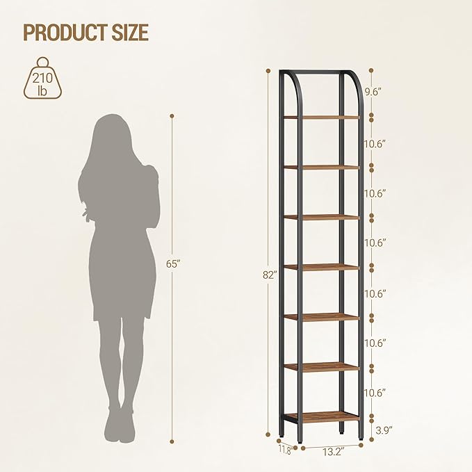 Hzuaneri Bookshelf Narrow Bookcase, Tall Storage Rack with Steel Frame, Display Standing Shelf Unit, Skinny Book Shelf for Study Living Room, Home Office, Industrial, 7-Tier Rustic Brown BC57701B