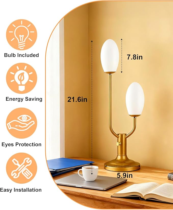 Lightdot Mid Century Modern Table Lamp Vintage Gold Dimmable Plug in Small Bedside Lamps with Oval Shade Cute Desk Lamp Nightstand Reading Light for Bedroom Office Living Room