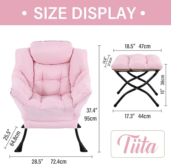 Tiita Lazy Chair with Ottoman, Pink Modern Large Accent Chair, Comfy Leisure Sofa Armchair with Ottoman, Reading Chair with Footrest for Bedroom, Living Room, Dorm Rooms, Pink