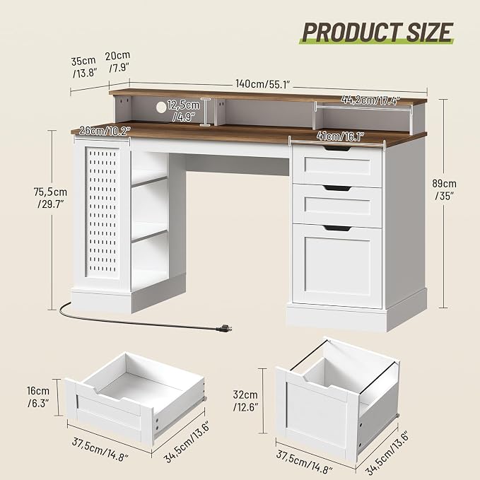 55-inch Farmhouse Executive Desk with 2 Drawers and File Cabinet, Computer Desk with 3-Tier Storage Shelves, Home Office Desk with Charging Station, Pegboard & Monitor Shelf, White and Walnut