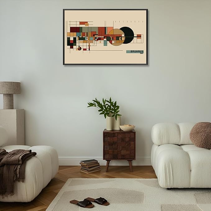 Bauhaus 1923 Geometric Framed Poster Modernist Bauhaus Style Earth Tone Grid Canvas Wall Art Circles And Rectangles Prints Painting For Home Bedroom Dorm Wall Decor 8x10in Framed