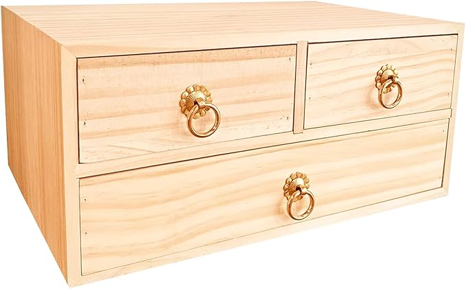 2 Layer Desk Organizer Wooden Desktop Organizer Tabletop Storage Organization Box Natural Wood Counter Drawer with Metal Handle 3 Drawer for Desk Accessories Home Office Counter Craft Decor