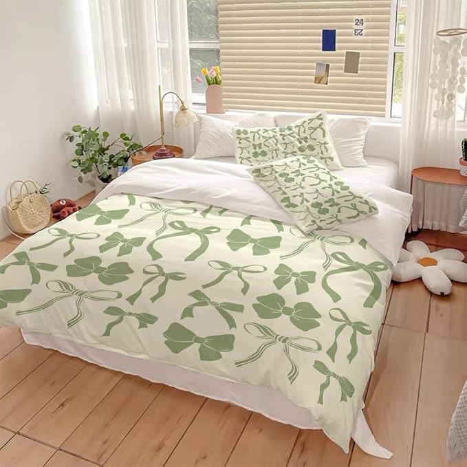 Sage Green Trendy Bow Duvet Cover Twin Size Preppy Bedding Set Bowknot Bed Cover,Dreamy Princess Style Kids Girls Super Soft Bedding Set for Teens Funky Coquette Girly Room Decor 68"x88"