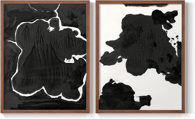 Renditions Gallery Set of 2 Peel & Stick Framed Prints, Fluid Abstract Wall Art, Black and White Inkblot Wall Decor, Re-Stickable - Ready to Hang - 22"x28" - Walnut Frame LT588