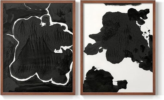 Renditions Gallery Set of 2 Peel & Stick Framed Prints, Fluid Abstract Wall Art, Black and White Inkblot Wall Decor, Re-Stickable - Ready to Hang - 22"x28" - Walnut Frame LT588