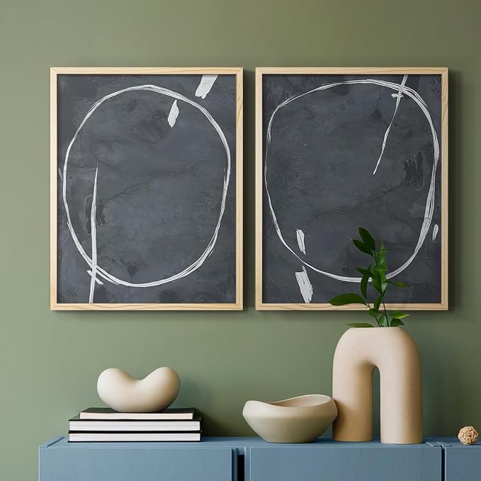 Renditions Gallery Set of 2 Peel & Stick Framed Prints, Abstract Wall Art, Circular Momentum Design Wall Decor, Re-Stickable - Ready to Hang - 8"x10" - NATURAL WOOD Frame LT588