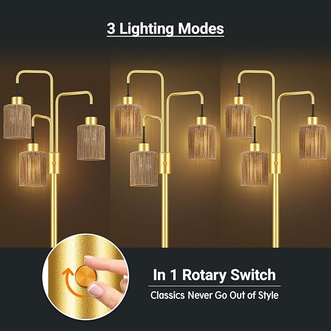 BoostArea Industrial Floor Lamp for Living Room,Gold Modern Standing Lamp Stand Up Lamp with 3 Light, Bulbs Not Included,Simple Design Floor Lamp for Bedroom, Living Room, Office, Kids Room, Reading