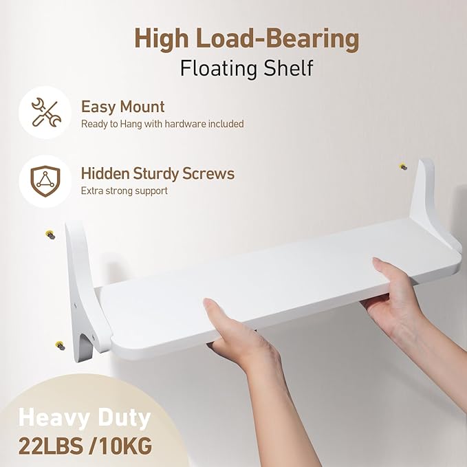 Wooden Floating Shelves for Wall, 23.6" W x 6" D x 0.8" H Large Wall Shelves, Hanging Storage Shelf with Sturdy Brackets for Living Room, Kitchen, Bathroom, Bedroom Decor, White, 2 Packs