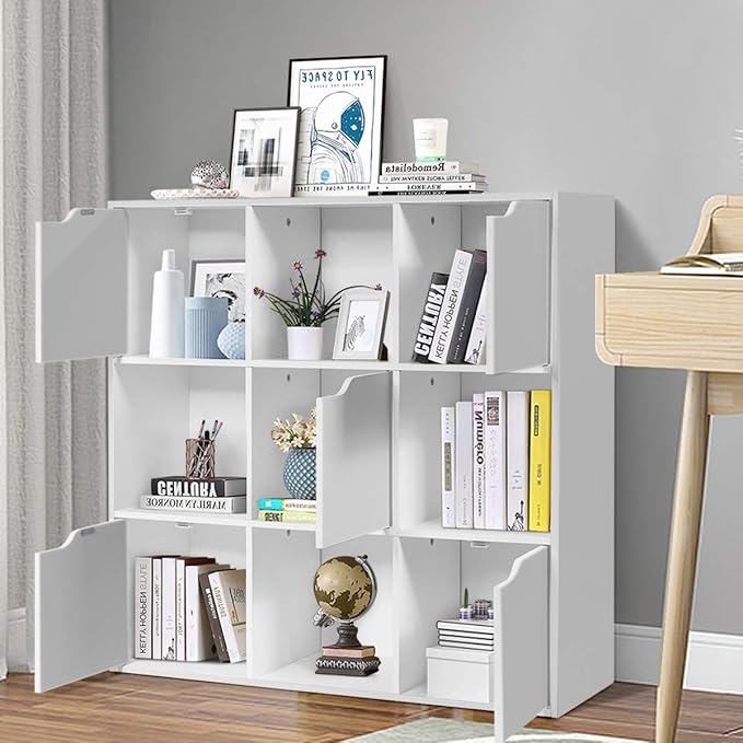 Giantex 9-Cube Storage Organizer, Storage Cabinet with 4 Open Cubes and 5 Cabinets, Freestanding Wooden Cubby Bookcase, Compartment Units for Home Office, 3-Tier Bookshelf for Books