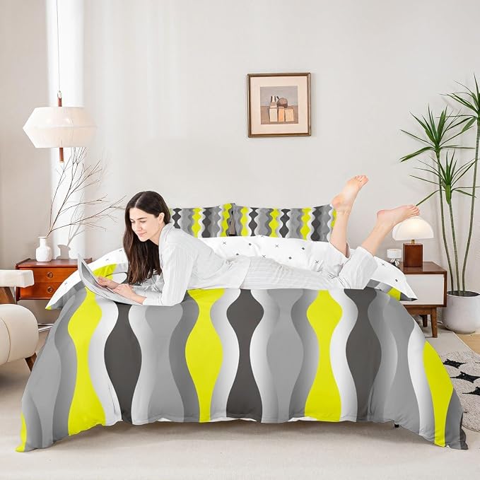 Feelyou Geometric Duvet Cover Yellow Grey Black Comforter Cover Mid Century Retro Bedding Set for Kids Adults Abstract Modern Decor Bedspread Cover Twin Size Bedclothes Zipper (No Comforter)