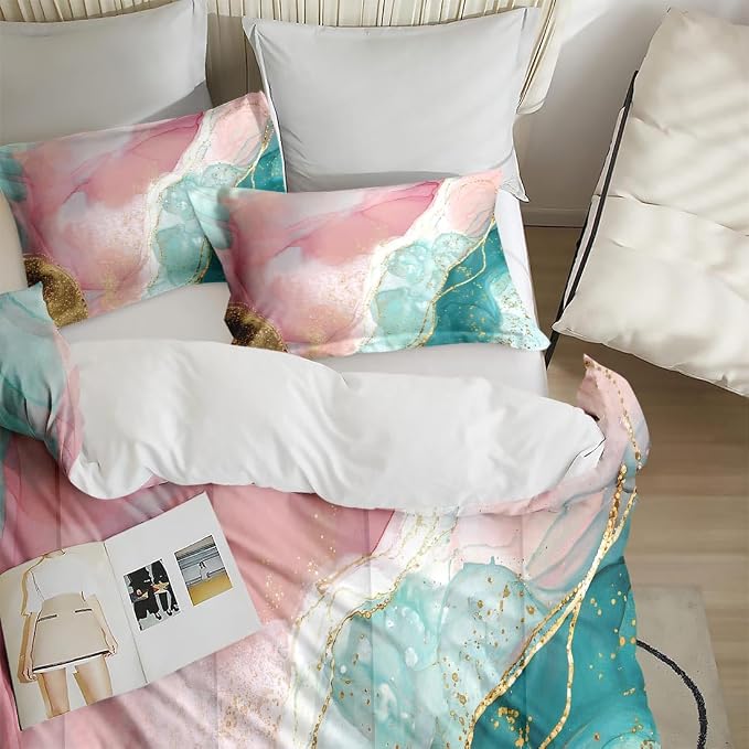 Comforter Set with 2 Pillowcases King Size, Pink Teal Gold Marble, Bed Decor Turquoise Rose Dye Abstract for Kids and Adults, Soft Cozy Bedroom Bedding Set