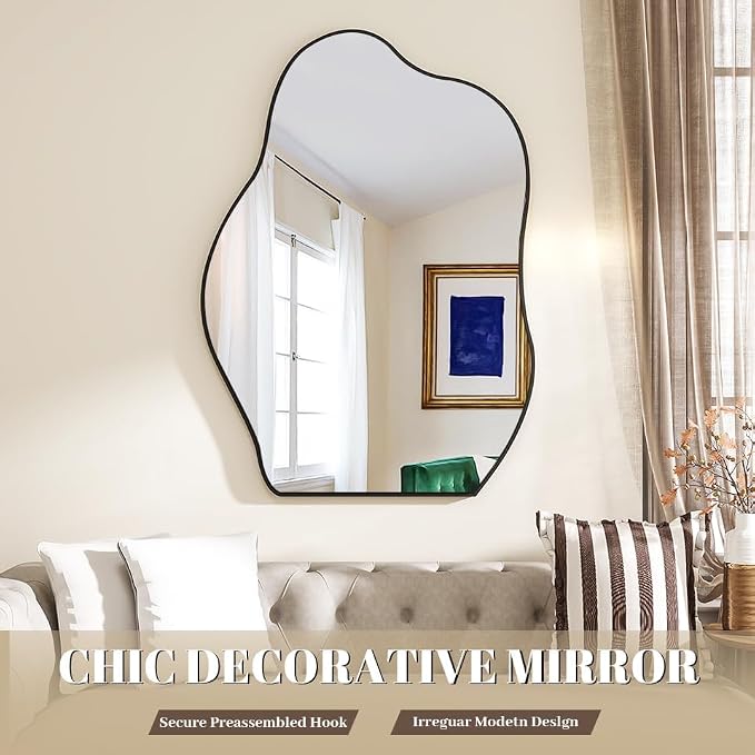 BEAUTYPEAK Asymmetrical Mirror, 26 x 40 Inches Irregular Wall Mirror, Wood Frame Unique Shape Wall Mounted, Decorative for Living Room Bedroom Entryway Hallway