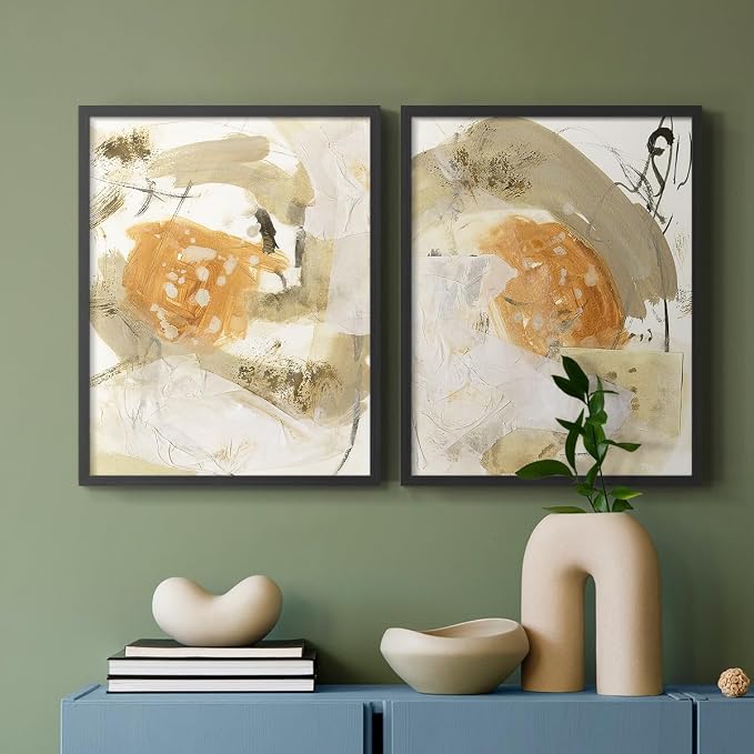 Renditions Gallery Set of 2 Peel & Stick Framed Prints, Neutral Abstract Wall Art, Earthy Tones Blended Brushstrokes Wall Decor, Re-Stickable - Ready to Hang - 8"x10" - Black Frame LT588