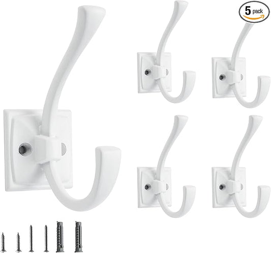 5 Pack Decorative Heavy Duty Towel Hooks for Hanging Robe Double White Coat Hooks Wall Mounted with Screws for Key, Towel, Bags, Cup, Hat