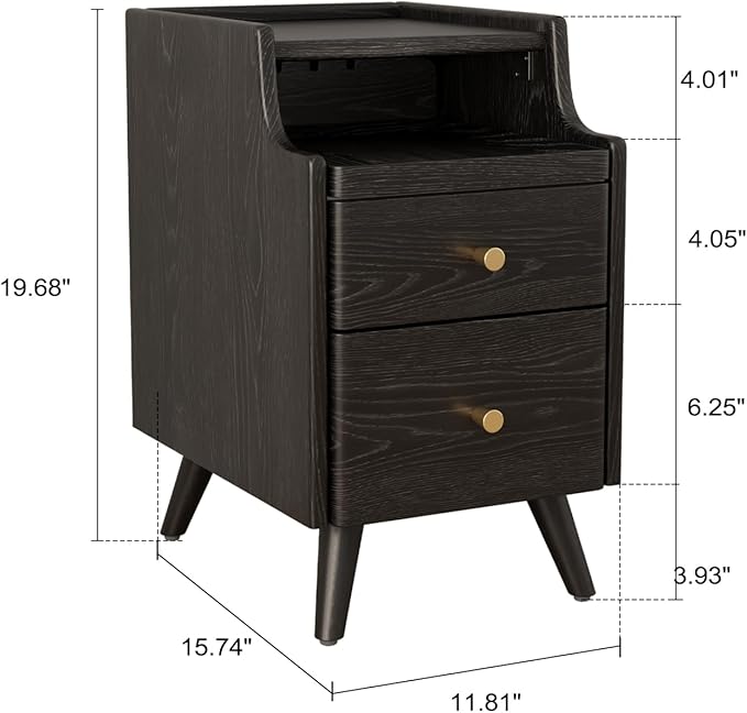 AQIMUELE Small Nightstand with Drawers, Solid Wood Bedside Table, Narrow Walnut Nightstand for Bedroom