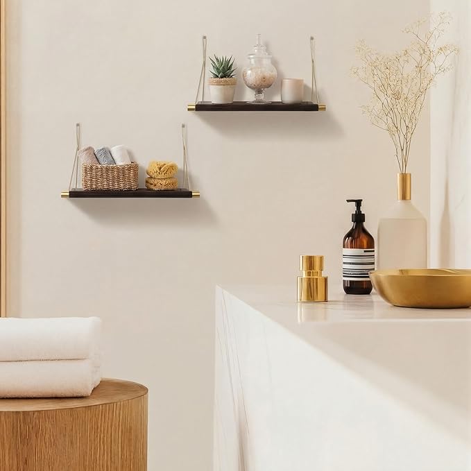 Pinkunn 4pcs Mid Century Modern Decor Walnut Floating Shelves for Wall Mounted Storage Shelves Solid Wood Rustic Decorative Shelving Living Room Bedroom Coffee Bar Bathroom Display Plant Photo