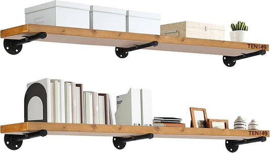 TEN49 Real Wood Rustic Floating Shelves Wall - 48 Wide Small Wooden Industrial Pipe Shelving - Farmhouse Pipe Wall Shelves Furniture Bathroom Decor Art Shelf Kitchen - Light Walnut Color - Set of 2