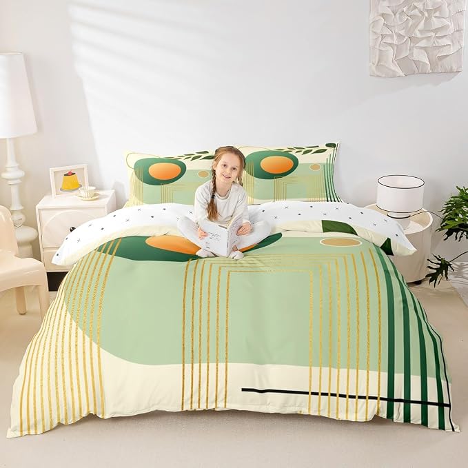 Erosebridal Boho Mid Century Duvet Cover Toddler Size Green and Beige Neutral Modern Comforter Cover Geometric Abstract Bedding Set Minimalist Aesthetic Bed Set