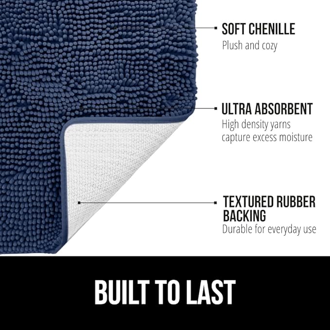 GORILLA GRIP Bath Rug Mat 30x20, Thick Soft Absorbent Chenille, Quick Dry Microfiber Mats, Rubber Backing Washable Shower Floor Rugs, US Designed Bathroom Bathmat Home Decor Accessories, Navy Blue