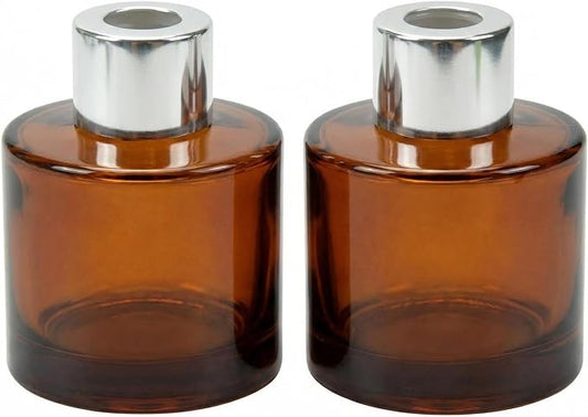 2Pcs 50ml/1.7oz Empty Refillable Amber Round Glass Diffuser Bottle with Silver Lid Diffuser Jars Containers Fragrance Accessories Use for DIY Home Crafts Decor