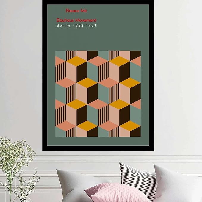 Canvas Painting Poster and Print Bauhaus Exhibition Poster Geometric Minimalist Abstract Wall Art Print Mid Century Modern Orange Sage Green Decor Modern Art Decoration for Living Room Bedroom and Office 8x12inch Solid wood
