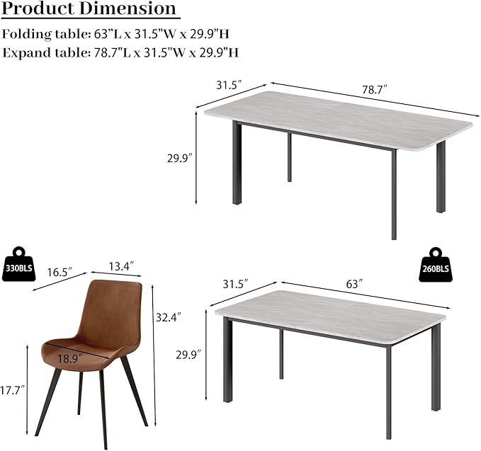 63"- 78.7" Extendable Dining Table Set for 8, Modern Kitchen Table with 8 PU Leather Chairs, Thickened Expandable MDF Wooden Table with Metal Legs for Dining Room, Kitchen, Office