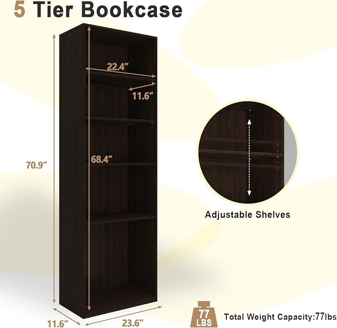 CTESNE【2026 Adjustable Shelves 5-Tier Bookcase, 71 inches, Wooden Open Display Floor Bookshelf (Chocolate Color)