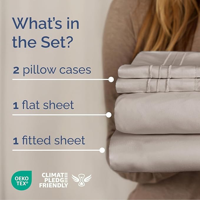 Cal King Size 4 Piece Sheet Set - Comfy Breathable & Cooling Sheets - Hotel Luxury Bed Sheets for Women & Men - Deep Pockets, Easy-Fit, Soft & Wrinkle Free Sheets - Light Grey Oeko-Tex Bed Sheet Set