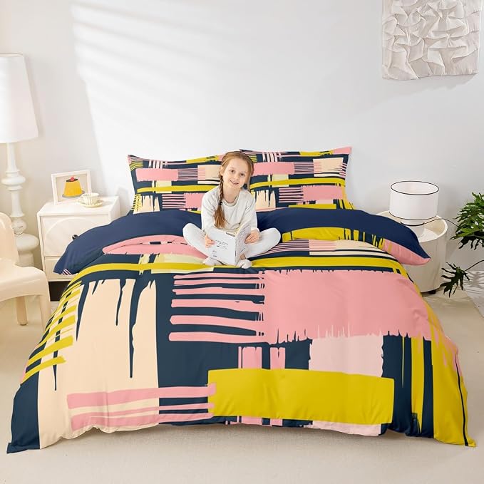 Erosebridal Vintage Mid Century Bedding Sets King Retro Minimalism Comforter Cover Hippie Watercolor Bed Set Pink Beige Navy Ombre Duvet Cover, Geometric Stripe Patchwork Quilt Cover Abstract Decor