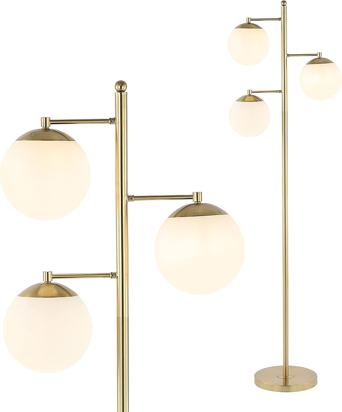 JONATHAN Y 66" Brass Gold 3-Light Mid-Century Modern LED Floor Lamp, Art Deco Triple Frosted Glass Globe Standing Lamp for Living Room, Bedroom, LED Bulbs Included JYL3087A