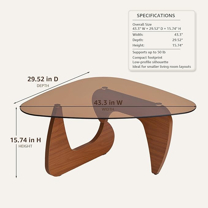 Smoked Glass Coffee Table for Living Room, 43.3" Triangle Coffee Table with MDF Wood Base, Mid Century Modern Center Table for Apartment, Sofa, Lounge, Reception, Walnut Brown