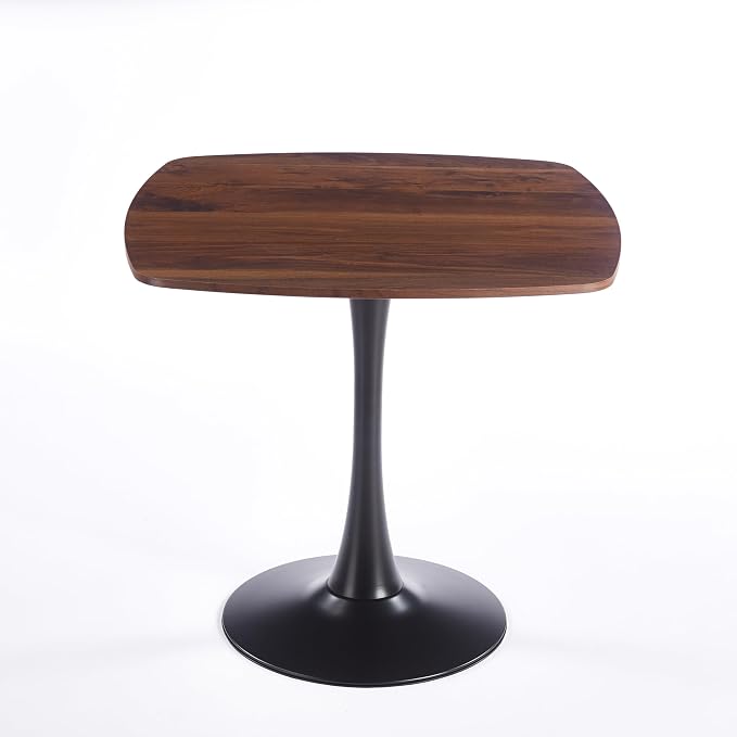31.5" Square Dining Table, Modern Mid-Century Walnut Wood Grain Kitchen Table for 2-4, Black Metal Pedestal Base Small Space Dining Table for Apartment, Café, Breakfast Nook