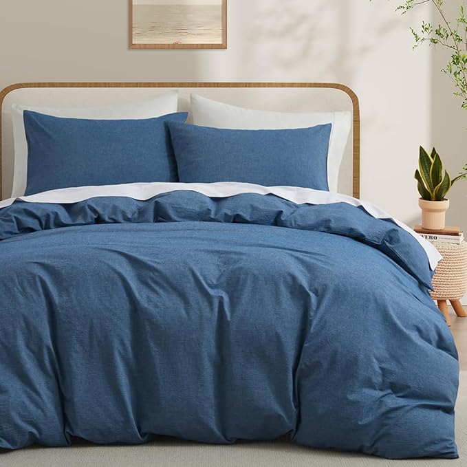 Blue Duvet Cover Full Size, 100% Washed Cotton Linen Like Bedding Set with Zipper Closure (No Comforter), 80x90 Inches