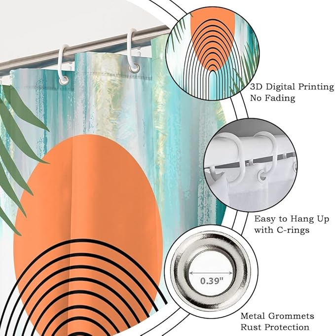 Modern Boho Teal Shower Curtain for Bathroom Abstract Minimalist Bathroom Decor Set Green Leaves Arch Orange Sun Bathtub Curtains Machine Washable Waterproof Polyester Fabric with Hooks 72x84 Inch