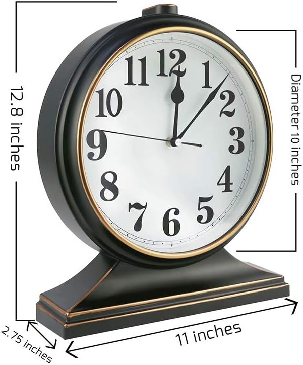 Retro 10 Inch Silent Desk Clock - Antique Decorative, Easy to Read in Office/Bedroom (Black)