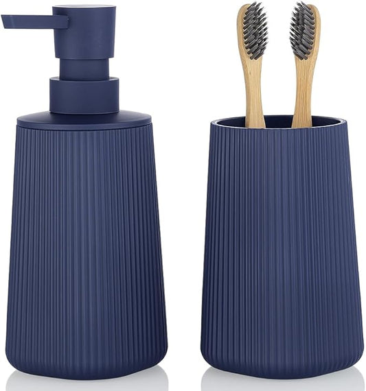 YAUKPH Bathroom Accessories Set 2 Piece Soap Dispenser and Toothbrush Holder for Bathroom Countertop Striped Blue