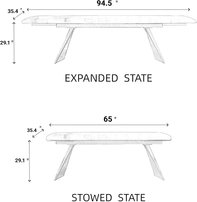 Extendable Dining Table with Leaf, 65"-95" Rectangular Sintered Stone, Marble-Look Top, Seats 6-12, Metal Base, Easy-Clean, Heat & Scratch Resistant, Dining Room/Kitchen Table for Family Gatherings