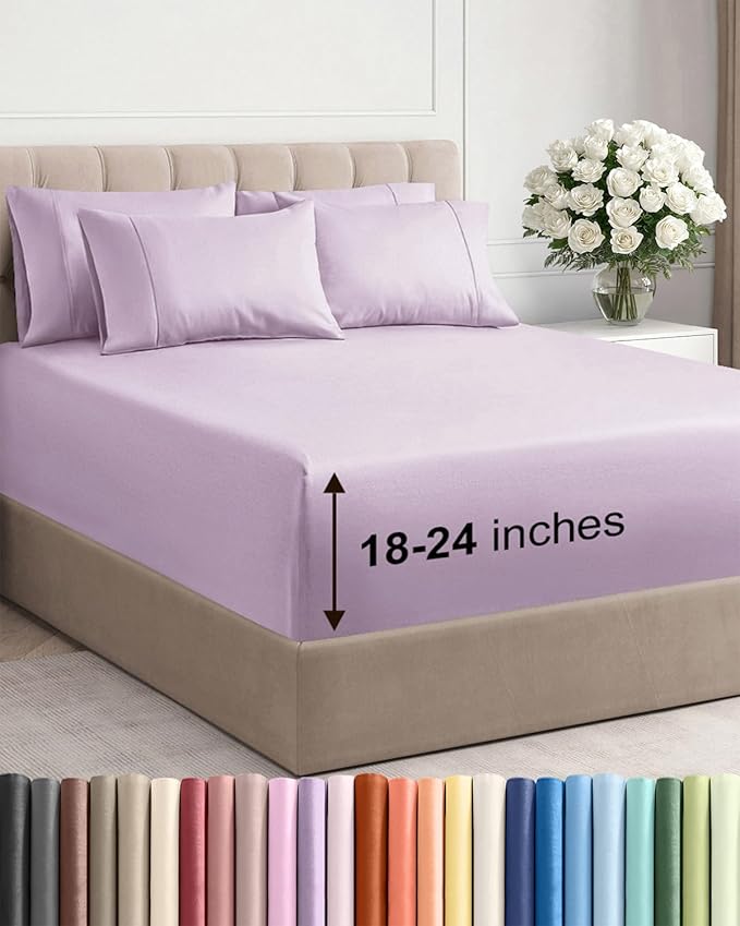 Extra Deep Queen Sheet Set - 6 Piece Breathable and Cooling Sheets - Hotel Luxury Bedding for Women, Men, Kids & Teens - Easy Secure Fit - Soft and Wrinkle Free - Extra Deep Pockets - Light Lavender
