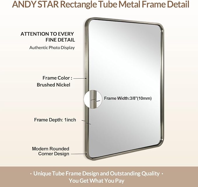 ANDY STAR Brushed Nickel Bathroom Mirror, 40”X30” Satin Nickel Mirror for Vanity, Rounded Rectangle Mirrors in SUS304 Anti-Rust Tube Metal Frame, Wall Mounted Horizontal/Vertical 1’’ Deep