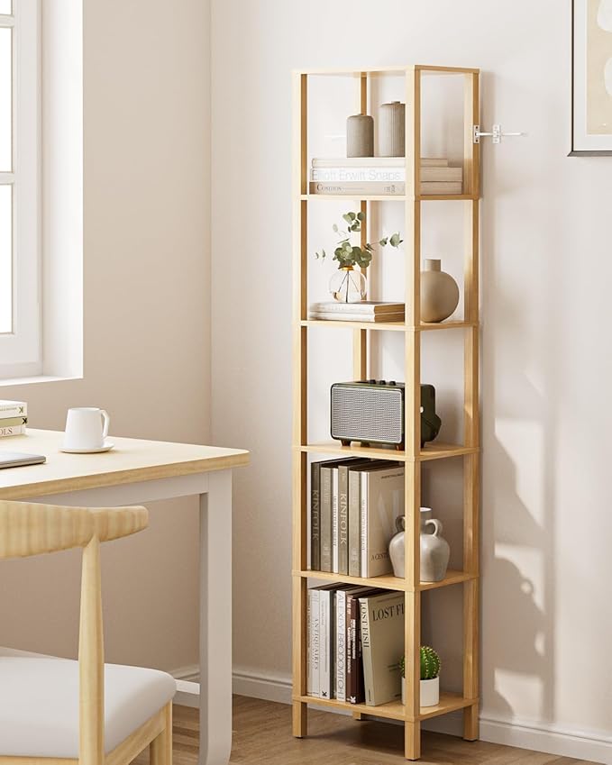 Open Book Shelf, 6 Tier Tall Bookshelf, Freestanding Shelf Narrow Bookcase with Open Shelves, 14.57" x 10.63" x 65.83", Book Shelves for Living Room, Office, Study, Oak