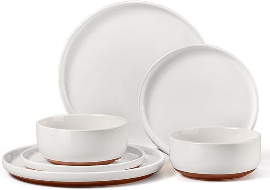 E-far 6-Piece Stoneware Dinnerware Sets, Plates and Bowls Sets for 2, Ceramic Dishware Dishes Set with Terracotta Base, Chip & Scratch Resistant, Microwave & Dishwasher Safe, Speckled White