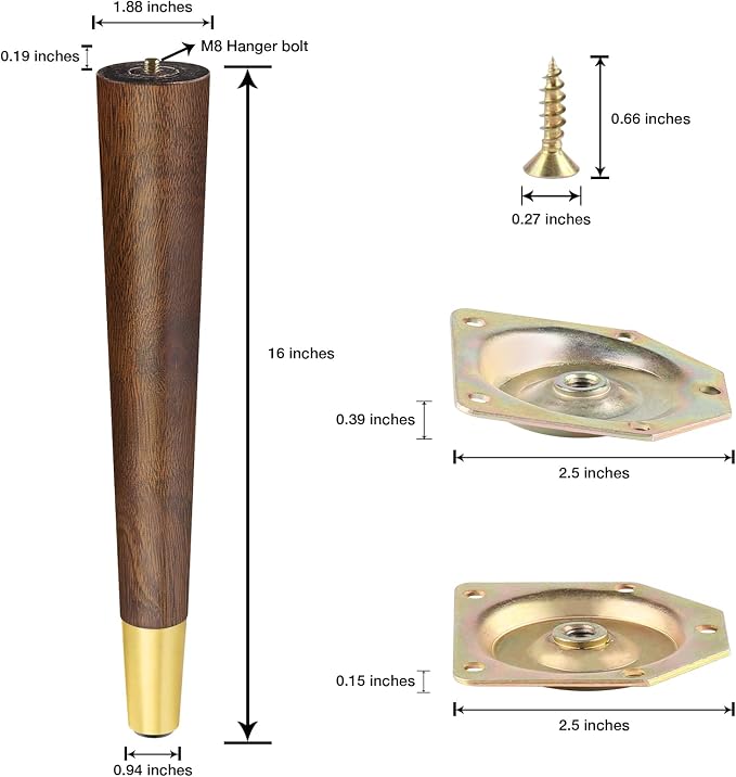 ALAMHI Wood Furniture Legs 16 inch - Coffee Table Legs - Mid Century Feet Replacement for Legs for Table - Coffee Table, Desk, Chair, Dresser, Ottoman, Cabinet, Bench Legs, Etc. Brown
