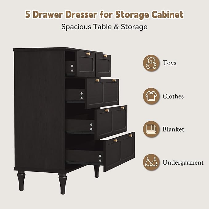 ARTPOWER 5 Drawers Dresser for Bedroom, 40" Tall Wood Mid Century Modern Chest of Drawers, Closet Clothes Storage Organizer for Living Room, Hallway, Entryway, Black