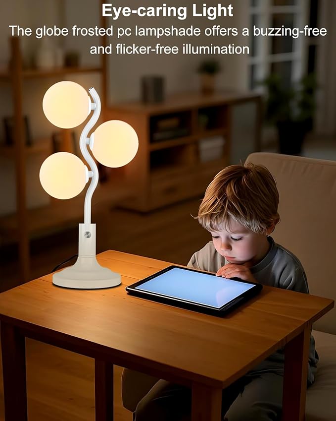 Lightdot Mid Century Globe Table Lamp Dimmable Modern 3 Lights White Desk Lamp 3000K Warmwhite Bedside Table Lamp for Bedroom Living Room Study Room(G9 Bulbs Included)