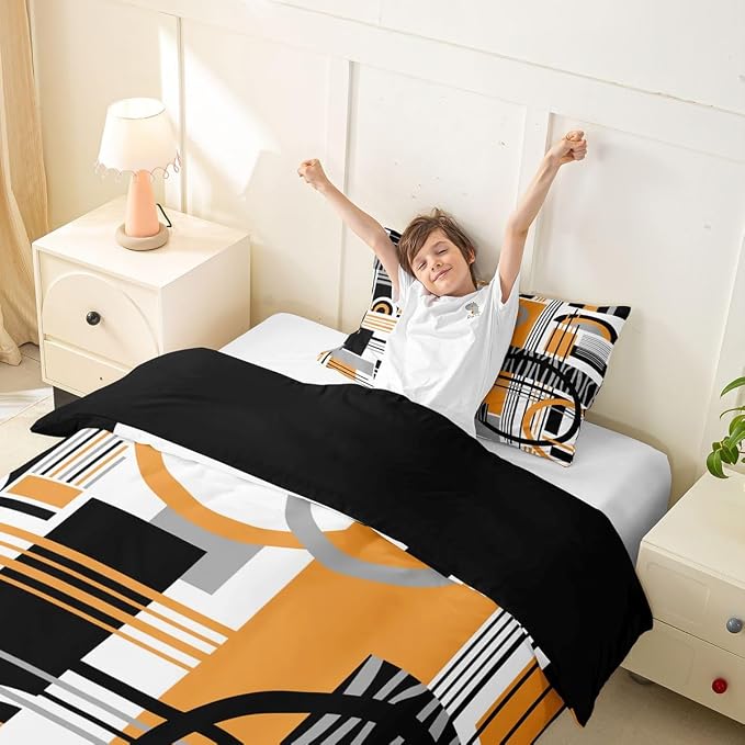 Erosebridal Art Deco Mid Century Duvet Cover Set Retro Modern Abstract Geometric Twin Bedding Sets for Girls Young Boys Black and White Yellow Circles Stripes Comforter Cover Contemporary Bed Set