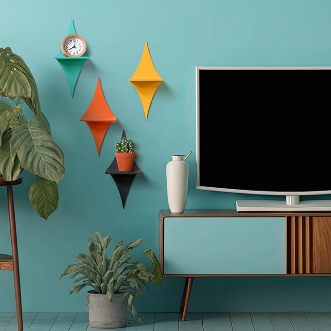 Threehoney Mid-Century Modern Wall Set of 4 Colorful Floating Display Shelves Retro Style Starburst Wall Mounted Shelves Storage for Bedroom, Living Room Decor(Rhombus)