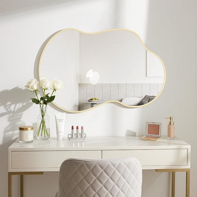HOMECOOKIN 36" H x 24" W Irregular Wall Mirror, Asymmetrical Decorative Mirror with Gold Aluminum Frame, Wavy Abstract Gold Mirror, for Living Room, Bedroom, Bathroom, Entryway, Cloakroom